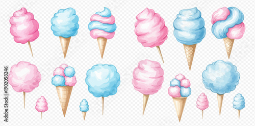 Watercolor cotton candy set with pink and blue sugar clouds on sticks and in waffle cones.