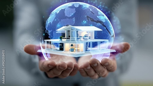 Dream Home in Digital Embrace: A pair of hands cradles a miniature modern house model, encased within a translucent digital sphere of the Earth.