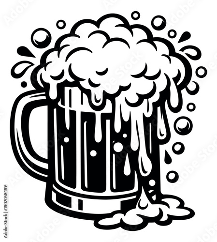 Monochrome hand drawn line art illustration of a beer mug depicting overflowing frothy foam and bubbles for celebration and beverage designs