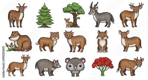 Collection of Forest Animals and Trees Vector Illustrations.