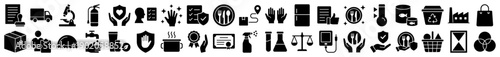 Food safety and hygiene icons in a minimalist black filled glyph style for quality control and logistics.