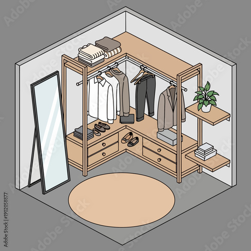 Modern Walk-in Closet with Organized Storage and Accessories.