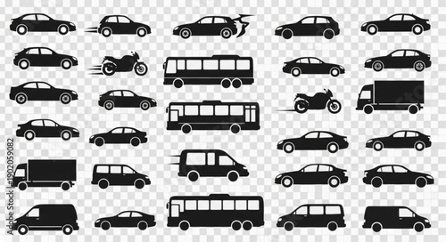 Collection of Diverse Vehicle Silhouettes on Transparent Background.