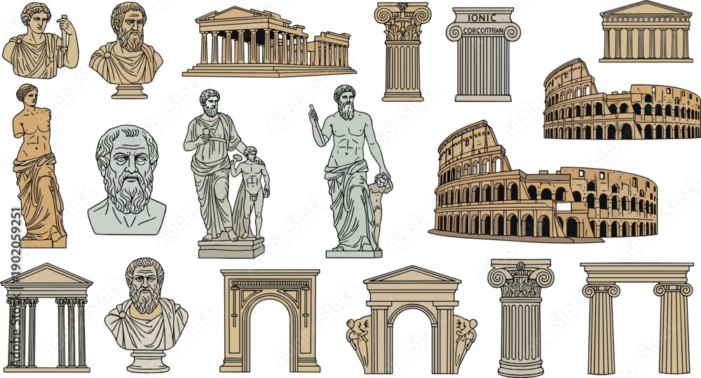 Obraz premium Ancient Roman architecture and sculpture element set with statues, columns, arches and Colosseum, classical vintage flat vector illustration for history and education design