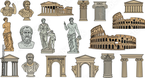 Ancient Roman architecture and sculpture element set with statues, columns, arches and Colosseum, classical vintage flat vector illustration for history and education design