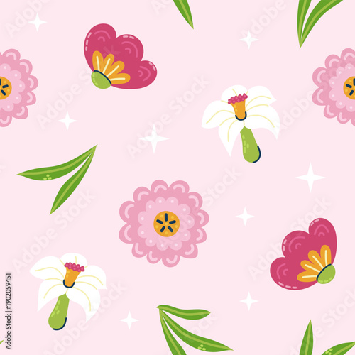 Seamless pattern with Spring flowers narcissus and tulip on pink background. Seasonal hand drawn card, poster, web banner. Vector illustration.