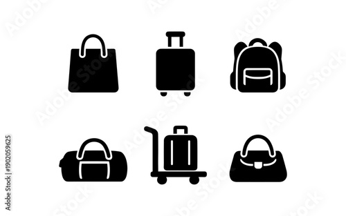 Collection of black icons representing different types of bags and luggage for travel and shopping
