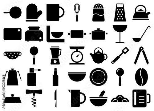 Kitchenware icons in a black silhouette style featuring cooking tools and restaurant equipment.