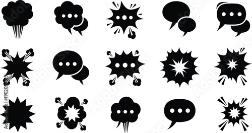 Collection of black comic style speech bubbles and explosion shapes for dialogue, communication, and sound effects.