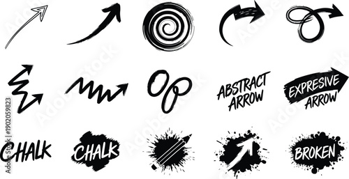 Hand-drawn sketchy arrow icons and text elements in black, representing direction, movement, and abstract concepts.