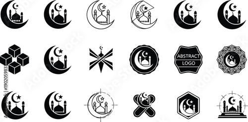 Set of Islamic crescent moon and mosque silhouette icons in black and white, representing faith and culture.