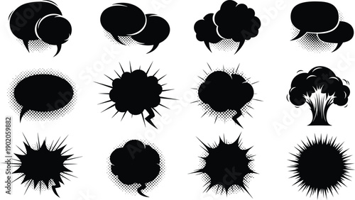 Diverse set of black explosion and speech bubble shapes in comic book style, ideal for action and dialogue graphics.
