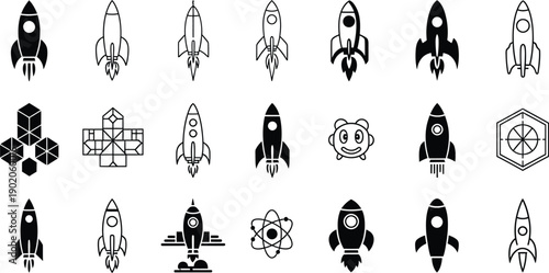 Diverse collection of rocket ship illustrations and abstract geometric shapes in black and white for space themes.