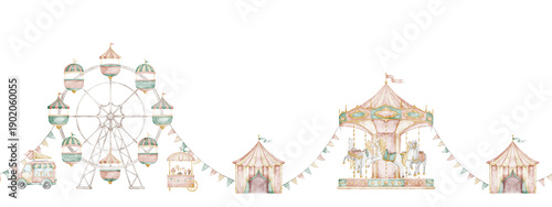 Wallpaper Mural Watercolor border with Amusement park. Seamless pattern with Ferris wheel, carousel, tents and carnival stalls in pastel colors. Vintage fairground scene for kids banners, nursery and party designs. Torontodigital.ca