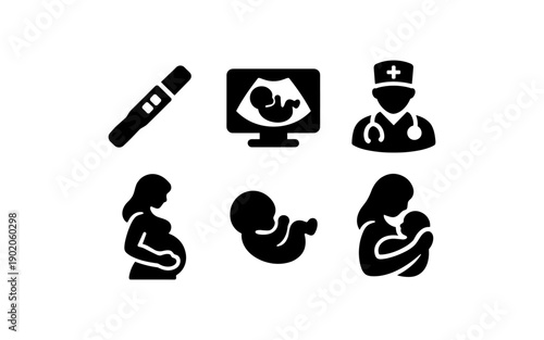 Pregnancy and childbirth icons: test, ultrasound, doctor, mother, baby, and family