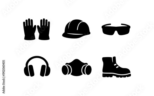 Collection of black icons representing personal protective equipment for safety
