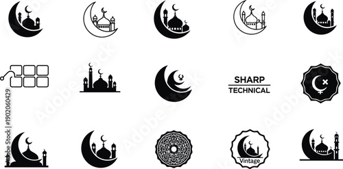Set of 15 black and white icons featuring Islamic mosques and crescent moons for religious and cultural themes