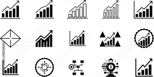Collection of 15 black vector icons focused on financial growth, business charts, and strategic planning