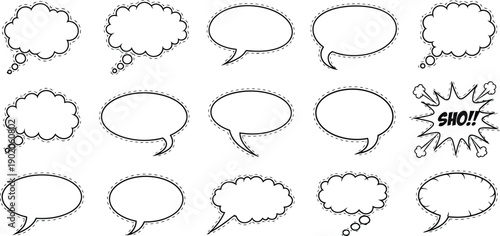 Outline speech and thought bubble icons with dotted borders and comic explosion shapes for conversation