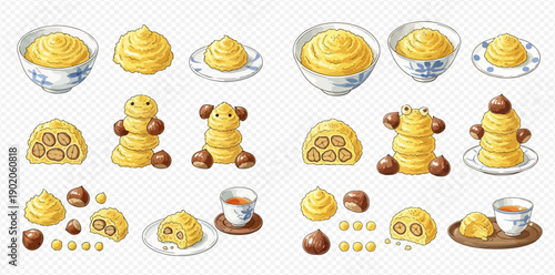 Set of cute chestnut paste and cream desserts, including Mont Blanc cake and various sweet treats, isolated on a transparent background.