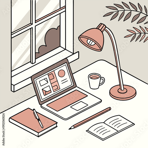 Vector illustration of an office desk with a laptop and computer icons in a simple business design style