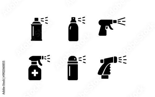 Collection of six black spray bottle and aerosol can icons with mist effect