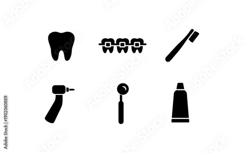 Collection of dental care icons including tooth, braces, toothbrush, drill, mirror, and toothpaste