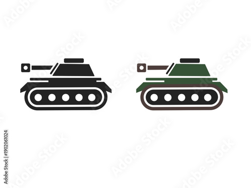 Minimalist vector set of military war tanks in black and olive green camouflage. Professional armored vehicle icons for army, defense, warfare, and heavy artillery design.