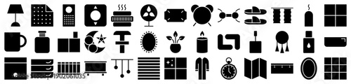 Home interior and bedroom lifestyle icons in a solid black glyph style set for UI design