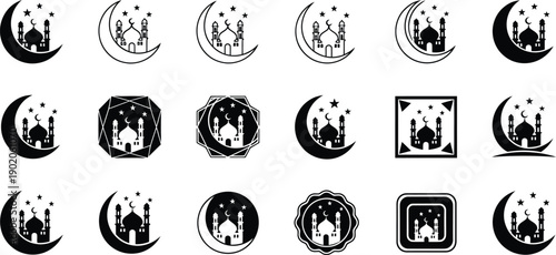 Islamic mosque and crescent moon icons in various artistic styles and frames for cultural and religious use