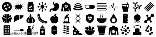 Medical and digestive health icons in a black filled silhouette style for healthcare design.