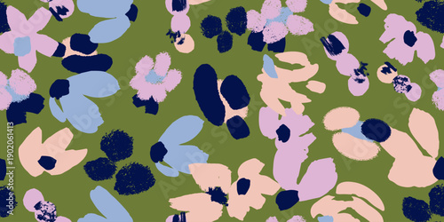 Seamless vector floral pattern featuring soft blue, pink, peach, and navy blooms against an olive green backdrop in a modern, hand-painted style