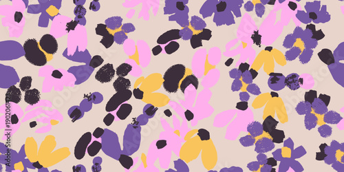 Seamless vector floral pattern featuring soft purple, pink, and yellow blooms against a neutral beige backdrop in a modern, hand-painted aesthetic