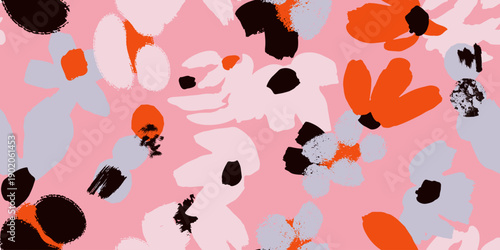 Seamless vector floral pattern featuring vibrant orange, soft blue, and bold black blooms against a delicate pink backdrop in a modern, hand-painted style