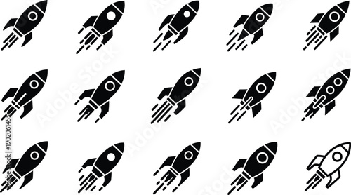 Set of 15 black rocket ship icons with motion trails, symbolizing speed and progress, vector