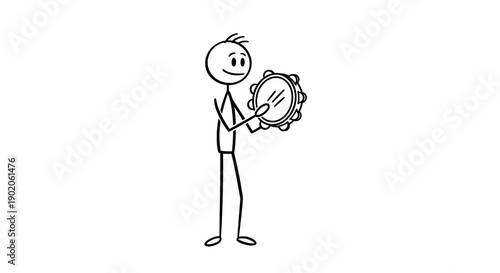 Stick Figure Playing Trumpet on Isolated White Background, Happy Musical Cartoon Character