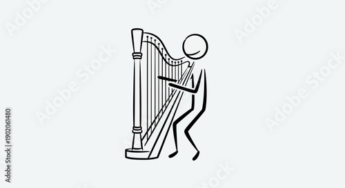 Stick Figure Playing Harp, Serene String Instrument Performance in Bright Studio