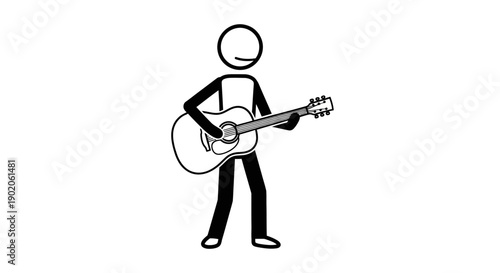 Stick Figure Playing Acoustic Guitar, Relaxed Folk Musician Performance in Bright Studio