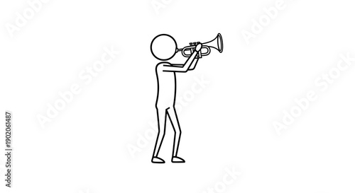 Stick Figure Playing Trumpet on Isolated White Background, Happy Musical Cartoon Character