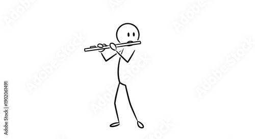 Stick Figure Playing Flute, Gentle Wind Instrument Performance in Bright Studio