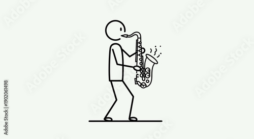 Stick Figure Playing Saxophone, Smooth Jazz Musician Performance in Bright Studio