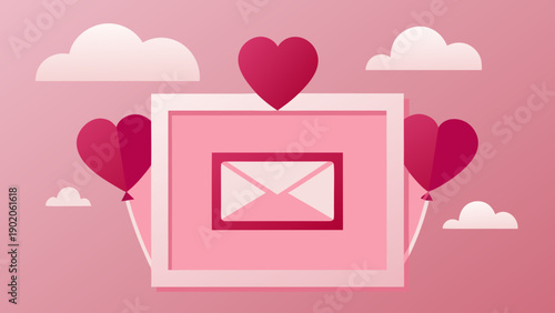 Pastel pink abstract illustration of a letter with hearts and balloons in the sky