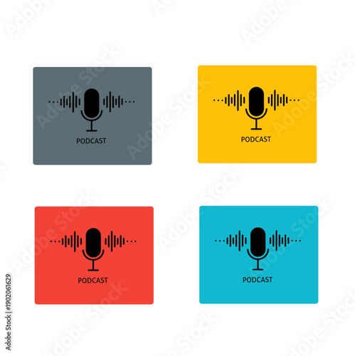 Minimalist vector set of podcast icons featuring a microphone silhouette and digital audio soundwaves. Professional colorful graphics for radio broadcasting, voice recording, and music streaming apps.