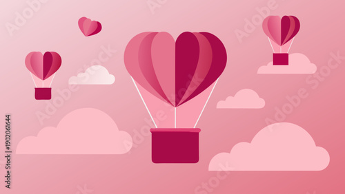 Stylized heart shaped hot air balloons floating in pink sky with clouds symbolizing love and romance in a whimsical setting