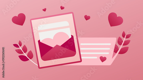 Digital love letter on a pink background with hearts and leaves modern flat illustration