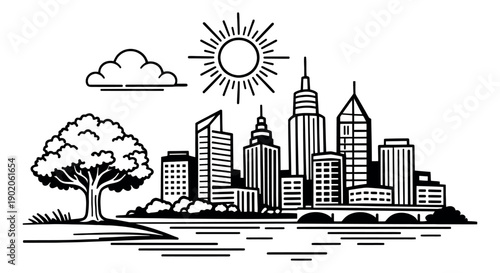 Bold line art illustration of a cityscape depicting urban life and nature for environmental or architectural themes