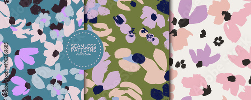 Seamless vector patterns collection featuring vibrant teal, olive green, and soft pastel palettes with bold floral motifs in a modern, hand-painted style