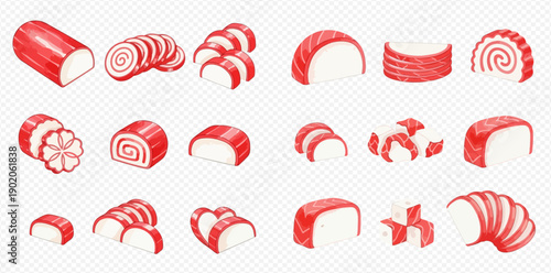 Set of various surimi pieces and crab sticks, imitation seafood in different shapes.