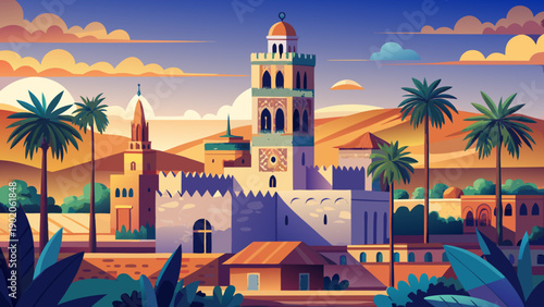 Very beautiful Koutoubia Mosque minaret rising above Marrakech medina, showcasing classic Islamic design, historical significance, and a defining symbol of the city skyline.