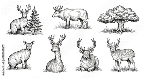 Collection of Hand Drawn Deer and Tree Illustrations.